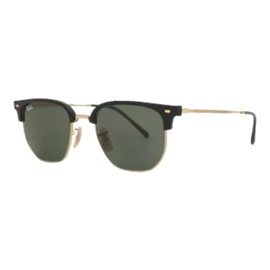  "Details of Rb4416 601 eyeglasses from the Wayfarer collection by EssilorLuxottica. Unisex design with a Black on Gold Acetate frame in Wayfarer shape and Full Rim style, featuring Crystal lenses in Dark Green with 100% UV Protection."