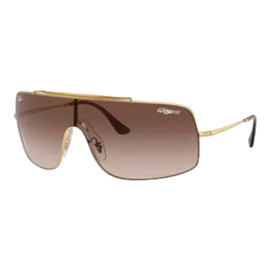 "Product details of Rb 3897 WingsIII eyeglasses by EssilorLuxottica. Unisex design featuring a Gold Single Lens frame with Full Rim style, crafted from Metal with Polyamide lenses in Gradient Brown. Provides 100% UV Protection."