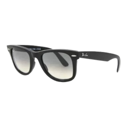  "Details of Ra 2140 eyeglasses from the Wayfarer collection by EssilorLuxottica. Unisex design featuring a Black Acetate frame in Wayfarer shape and Full Rim style, with Crystal lenses in Grey. Provides 100% UV Protection."