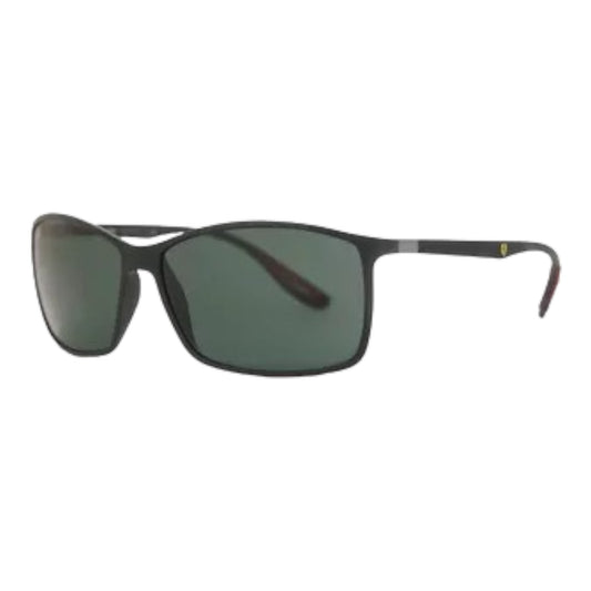 "Details of Rb 4179 601 S9A eyeglasses by EssilorLuxottica. Unisex design featuring a Matte Black Rectangle frame in Full Rim style, crafted from Plastic with Dark Green Polarised Plastic lenses. Provides 100% UV Protection."