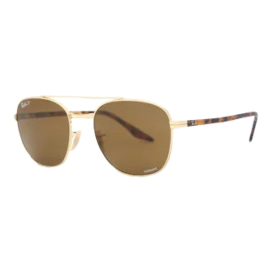  "Details of Rb3688 001 eyeglasses from the Wayfarer collection by EssilorLuxottica. Unisex design featuring a Gold Geometrical frame in Full Rim style, crafted from CR material with Crystal lenses in Brown Polarised Chromance. Provides 100% UV Protection."