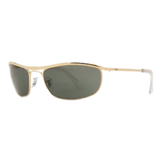 "Details of Rb3119 eyeglasses by EssilorLuxottica. Designed for males, featuring an Arista Gold Aviator frame in Full Rim style, crafted from Metal with Glass lenses in Green. Provides 100% UV Protection."