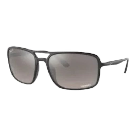 "Details of Rb4375 710 eyeglasses by EssilorLuxottica. Unisex design featuring a Black Large Square frame in Full Rim style, crafted from Plastic with Grey Mirror Grey Grad lenses. Provides 100% UV Protection."