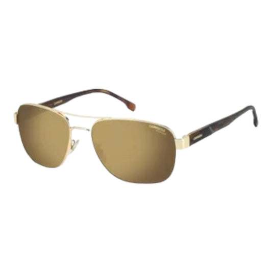 "Details of Carrera C Flex 02/G/S JSG sunglasses by Safilo. Designed for males, featuring a Gold Pilot-shaped frame in Full Rim style, made from Acetate with Polycarbonate lenses in Gold Polarized. Offers 100% UV Protection."